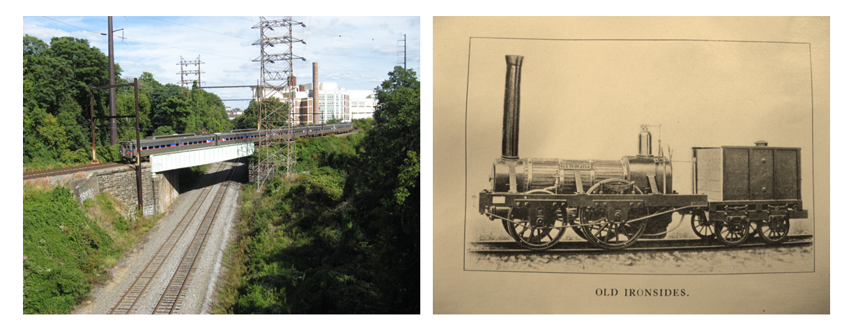 Left: The former Philadelphia, Germantown and Norristown Railroad line (SEPTA Norristown route) passes over the former Richmond Branch of the Philadelphia and Reading Railroad, an historic railroad site at the edge of East Falls.
Right: “Old Ironsides,” the first locomotive built by Mathias Baldwin, and the first bought by the Philadelphia, Germantown and Norristown Railroad