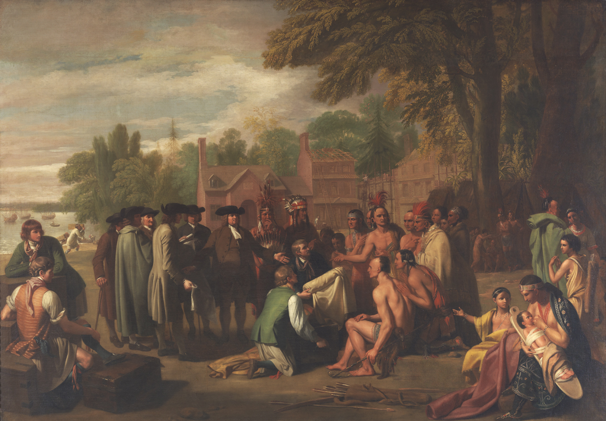 Penn’s Treaty with the Indians, by Benjamin West. (1771-1772; Pennsylvania Academy of the Fine Arts.). Painted a century after the event, the painting is more imaginative than factual. It is not even clear that such an event actually occurred.